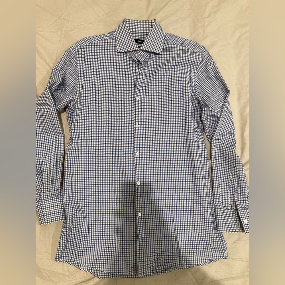 Hugo Boss Men's Blue Purple Checkered Gingham Shirt slim 15.5 32/33